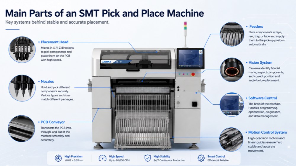 Main Parts of SMT Pick and Place Machine الأجزاء الرئيسية لآلة الالتقاط والوضع SMT